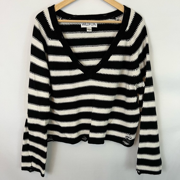 Wildfox Leanne Sweater, Optic Stripe, Night Vanilla, Black/White Striped, L - Picture 7 of 11